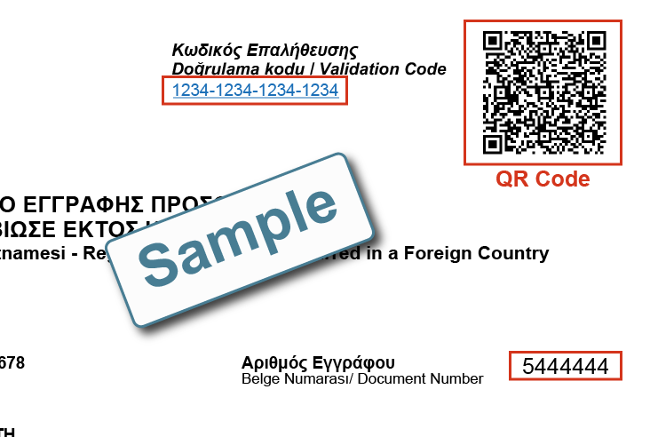 Image showing that you’ll find the QR code, the validation code and document number in the top-right corner
